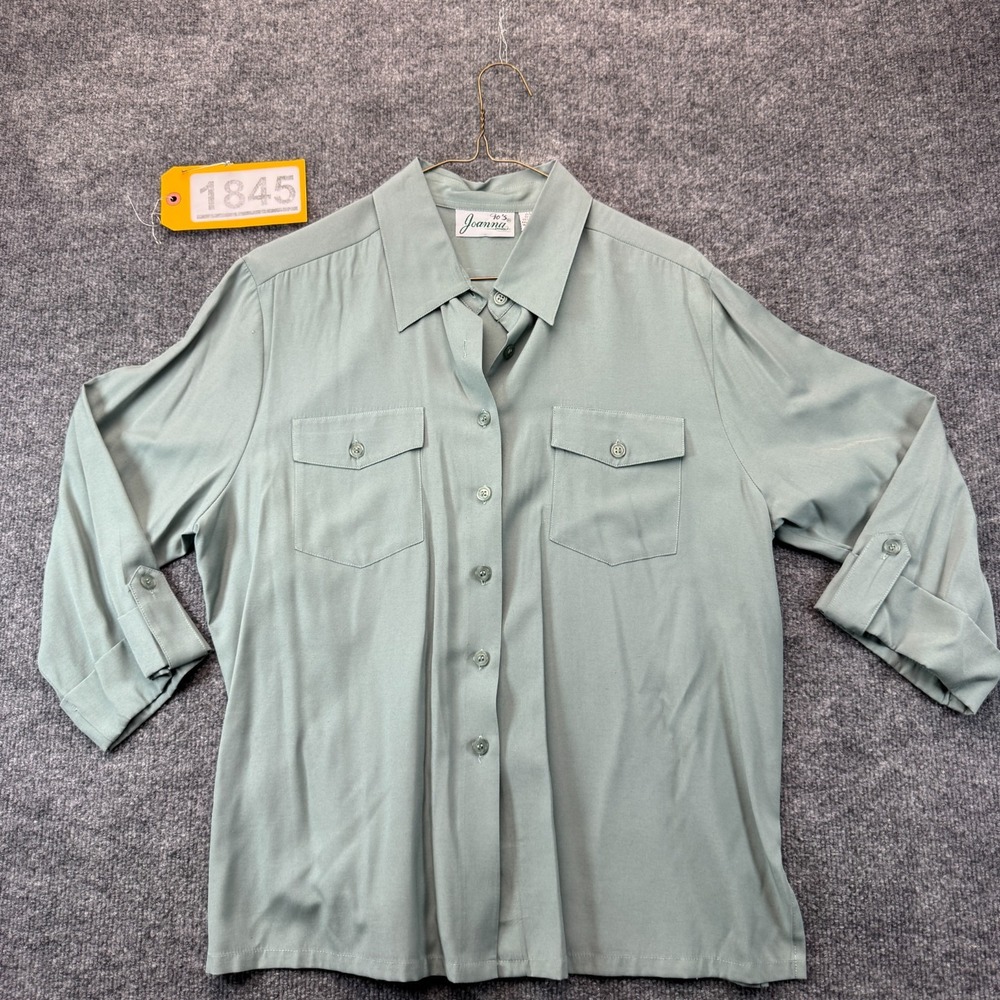 Joanna Shirt Top Womens L Green Sage Roll Tab Sleeve Collared Classic Button-Up